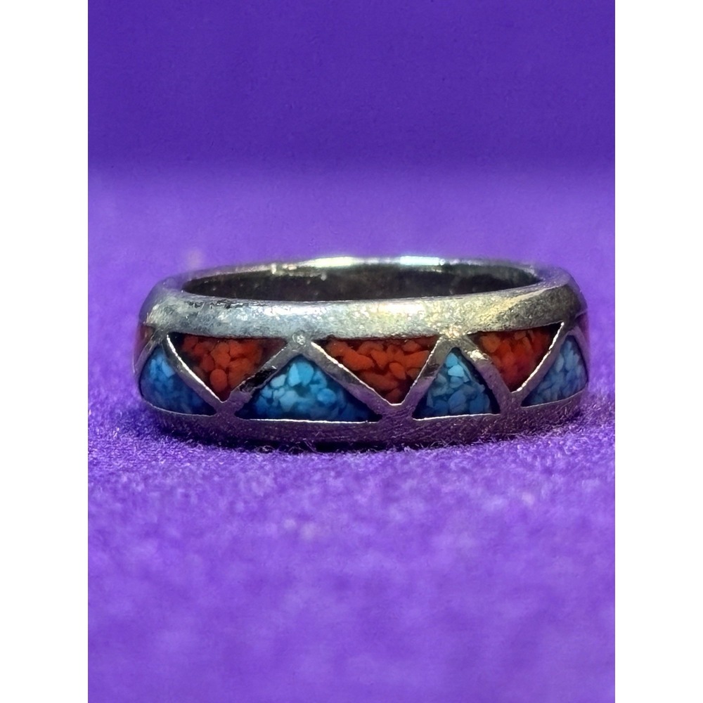 Vtg Native American Sterling Silver Turquoise & Coral Chip Inlay Band Ring Sz 6